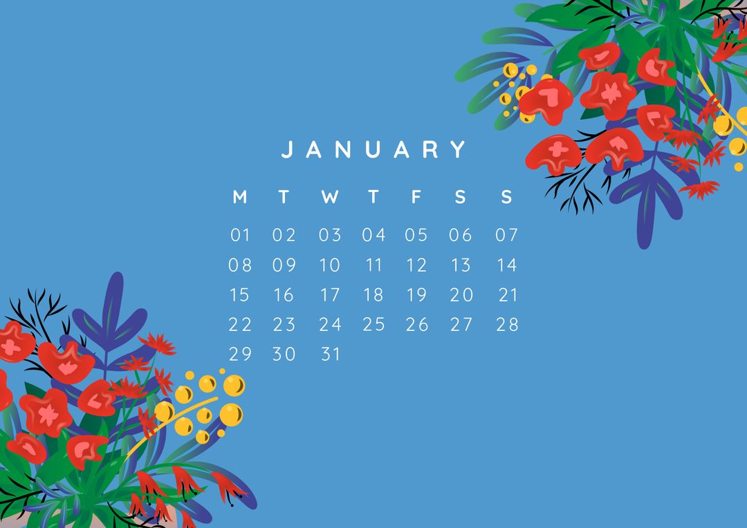 Floral January Calendar on Blue Background