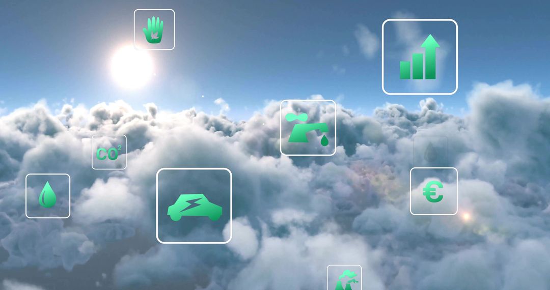 Floating Green Sustainability Icons Above Cloudscape Representing Eco-Friendly Concepts
