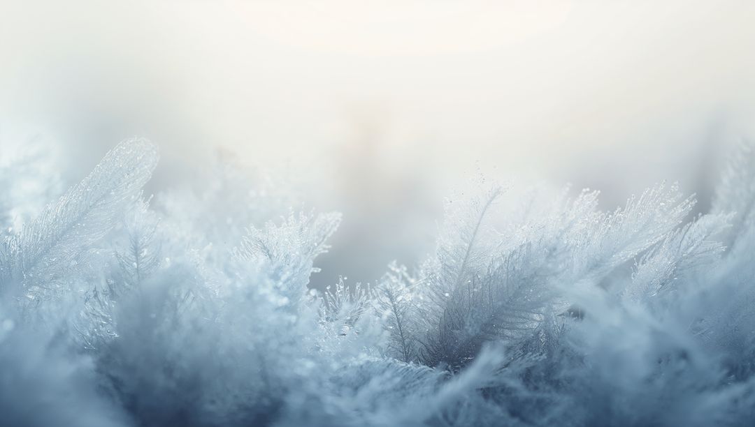 Glittering hoarfrost crystals on meadow at dawn, macro backlit ethereal bokeh