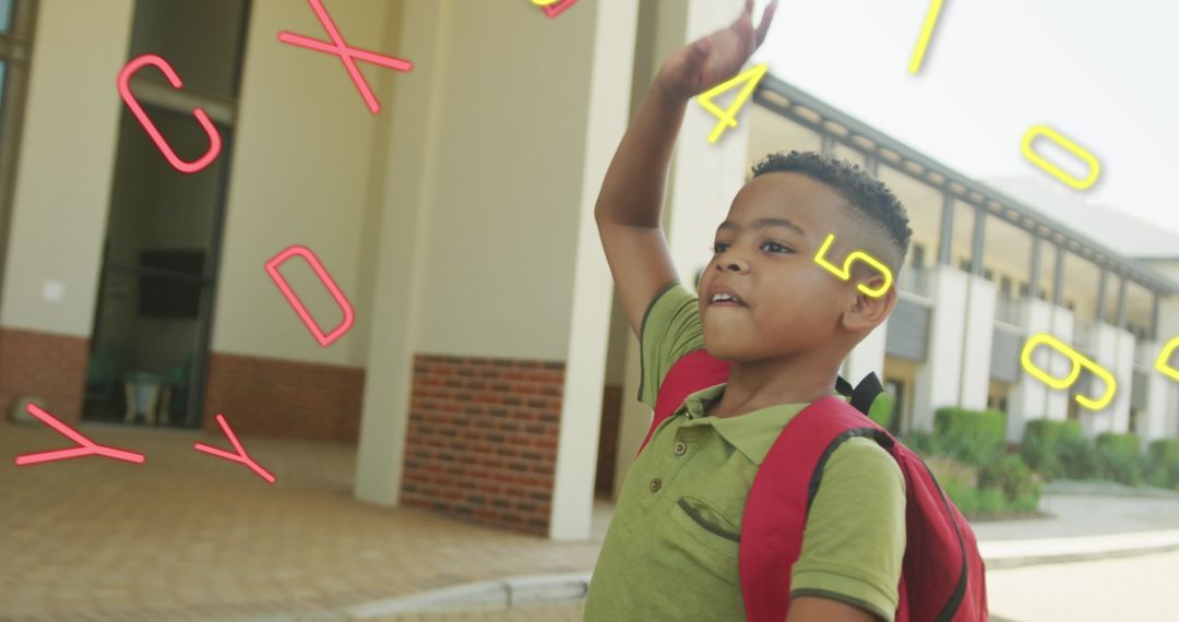 Joyful Student Waving with Floating Symbols