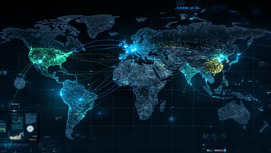 Futuristic World Map Displaying Global Tech Connections