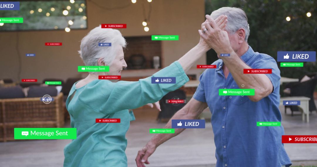 Senior Couple Dancing on Patio with Digital Notifications and String Lights