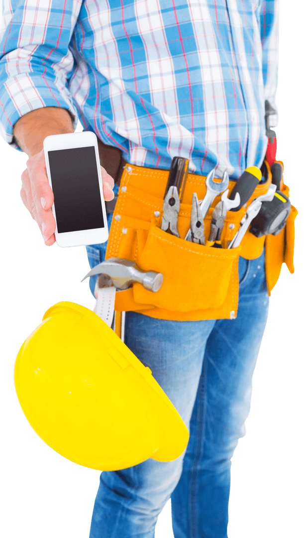Handyman with Smartphone and Tool Belt on Transparent Background