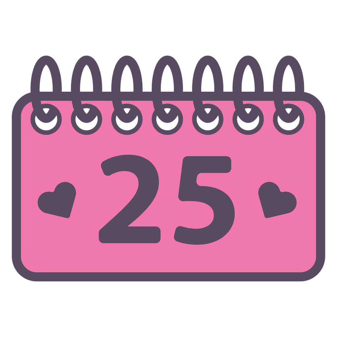 Cute Pink Calendar Card with 25th Day on Transparent Background