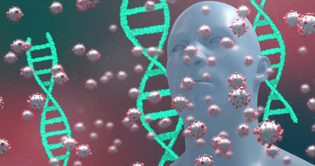 Human Head with Virus Cells and DNA Strands Representing COVID-19