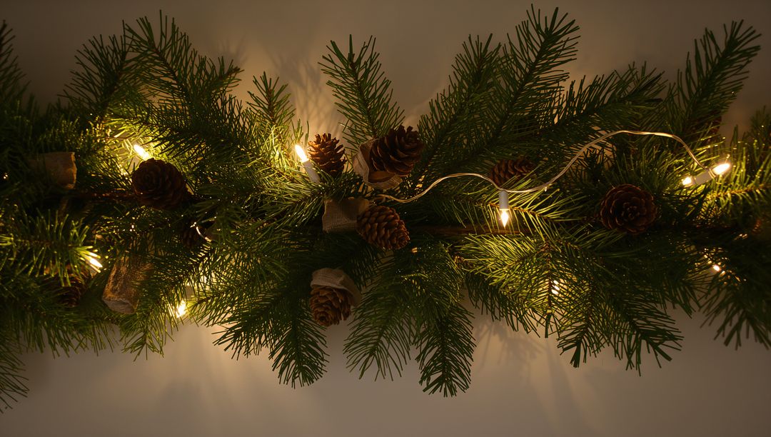 Warm Rustic Evergreen Garland with Pine Cones and String Lights on Mantel Cozy Holiday Decor