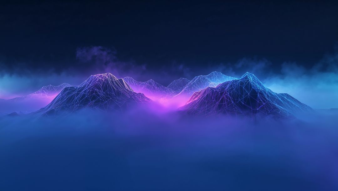 Glowing Wireframe Mountain Range Emitting Neon Cyan and Magenta Fog in Futuristic Landscape