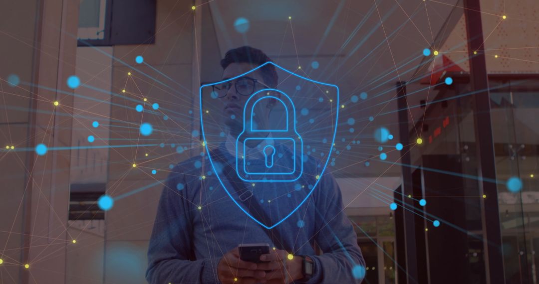 Cybersecurity Concept with Lock on Network Background