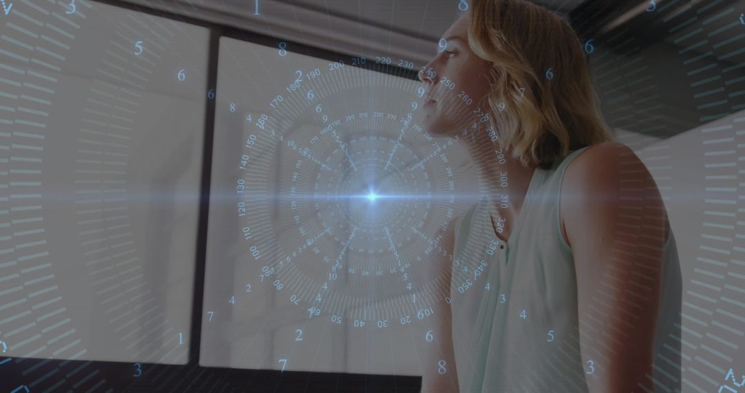 Businesswoman Using Holographic Technology Interface with Futuristic UI