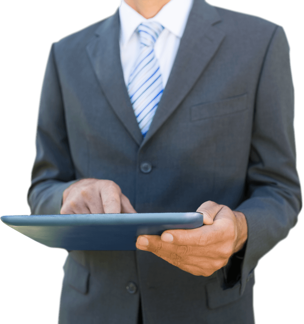 Businessman in Suit Using Tablet Transparent Background