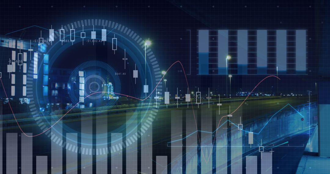 Digital Data Analytics Interface Over Night Cityscape