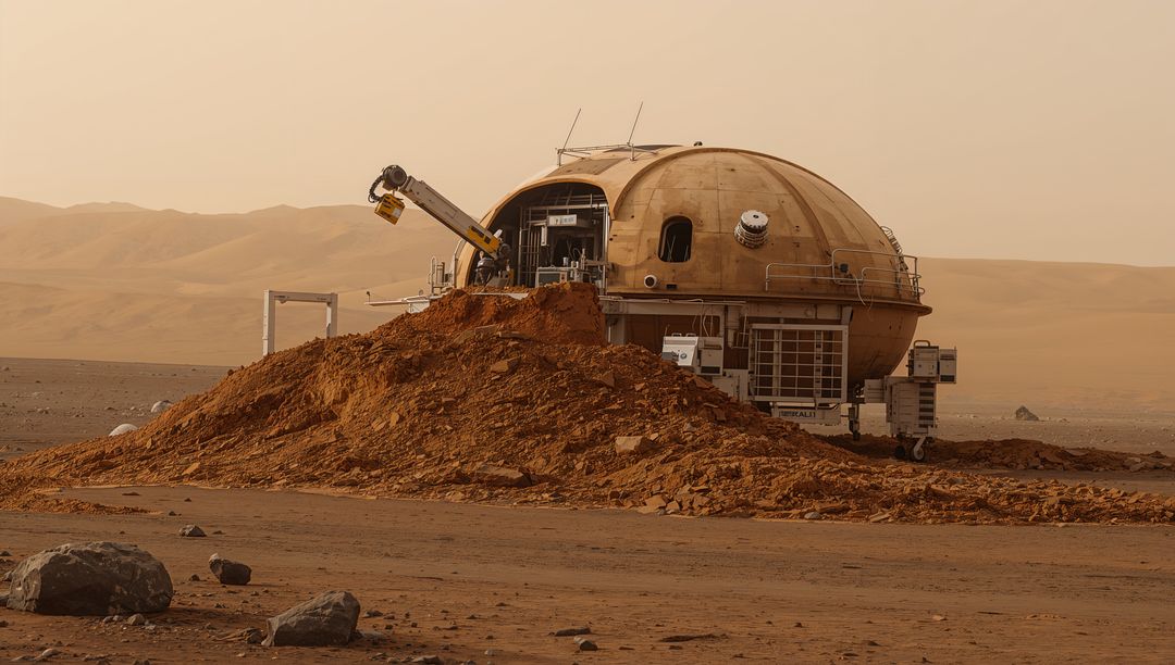 Domed Mars Habitat Excavating Regolith with Robotic Arm Extending over Martian Plain