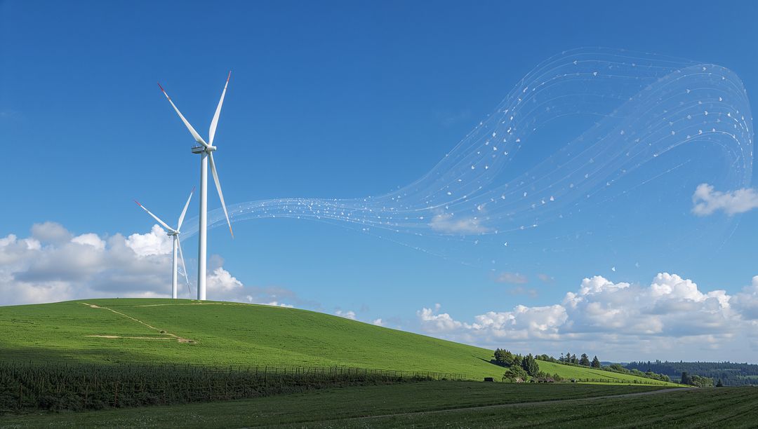 Wind turbines standing on green hill generating clean energy, particle wind trail across sky