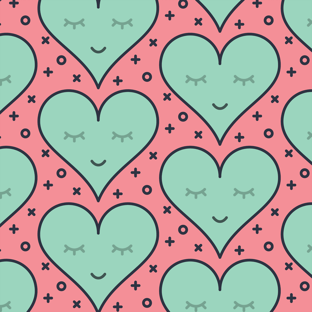 Pink and Green Hearts Seamless Pattern on Transparent Background