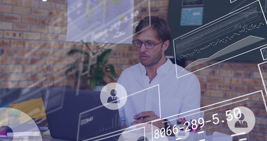 Businessman Analyzing Data with Futuristic Interface Overlay