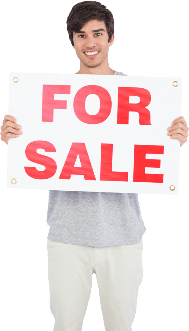 Smiling Man Holding Transparent For Sale Sign Isolated on White