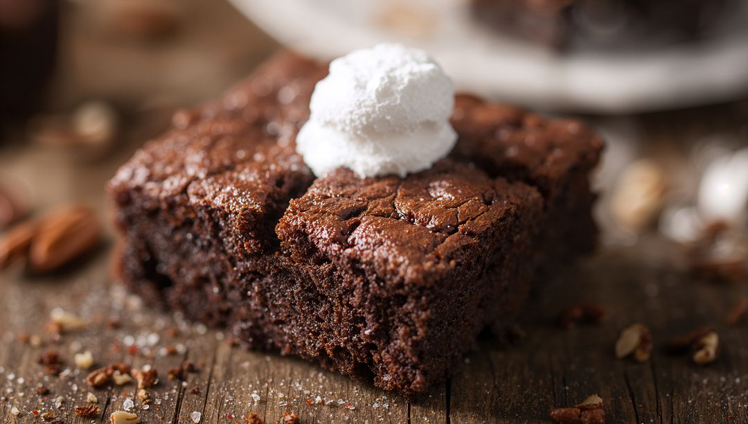 Fudgy Chocolate Brownie Square with Whipped Cream on Rustic Wooden Table Closeup