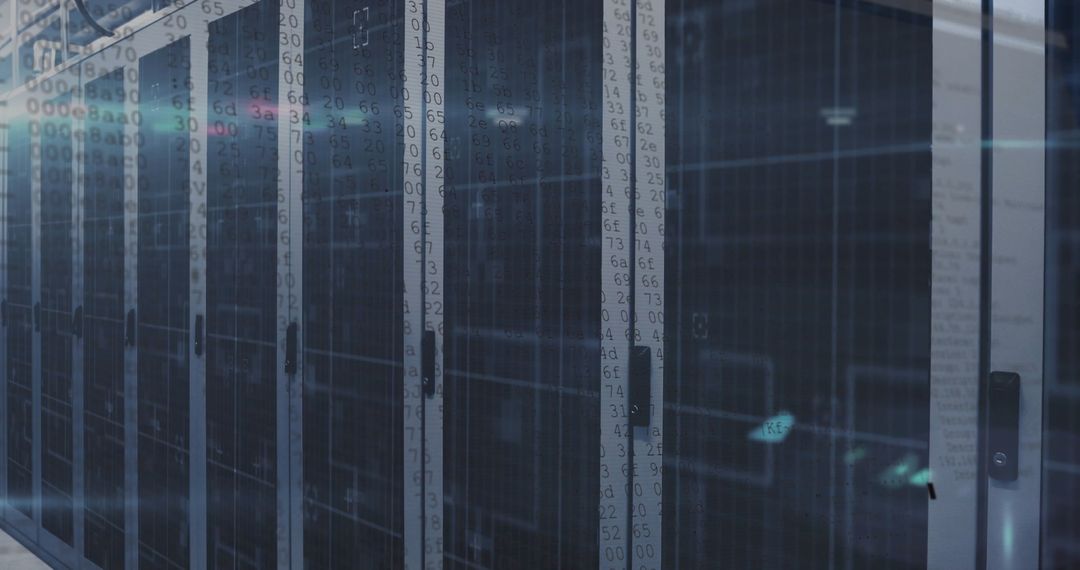 Futuristic Data Center Racks with Digital Overlay