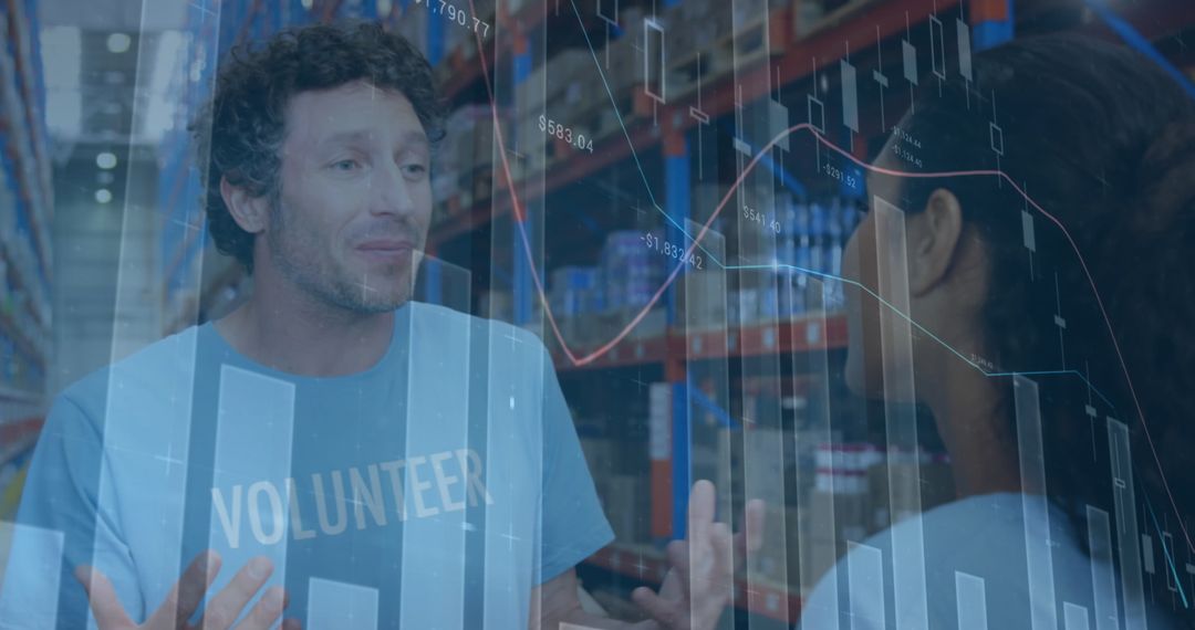 Warehouse Team Collaborating with Financial Graph Overlay