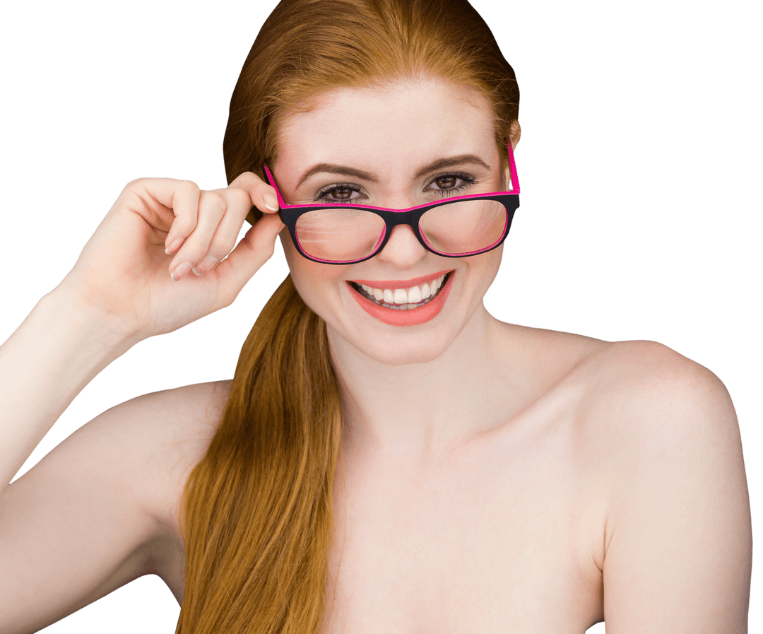 Smiling Redhead Posing with Transparent BG and Red Glasses