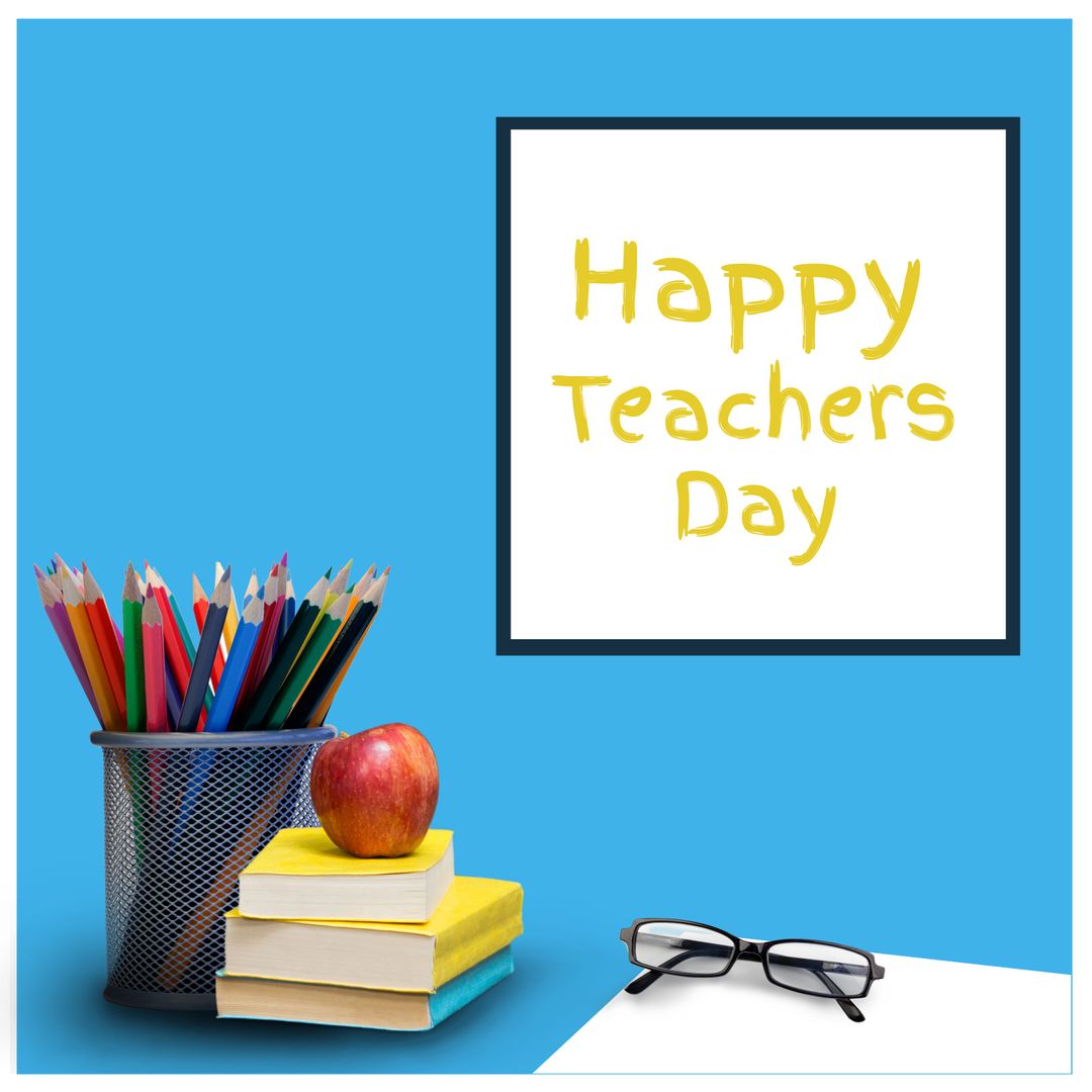 Happy Teachers Day Text with Books and Apple on Blue Background