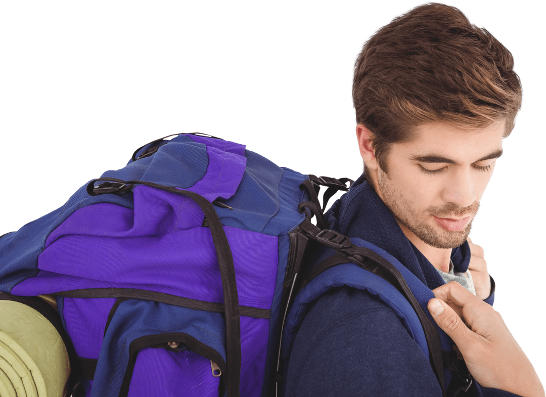 Side View of Man with Backpack Transparent Background