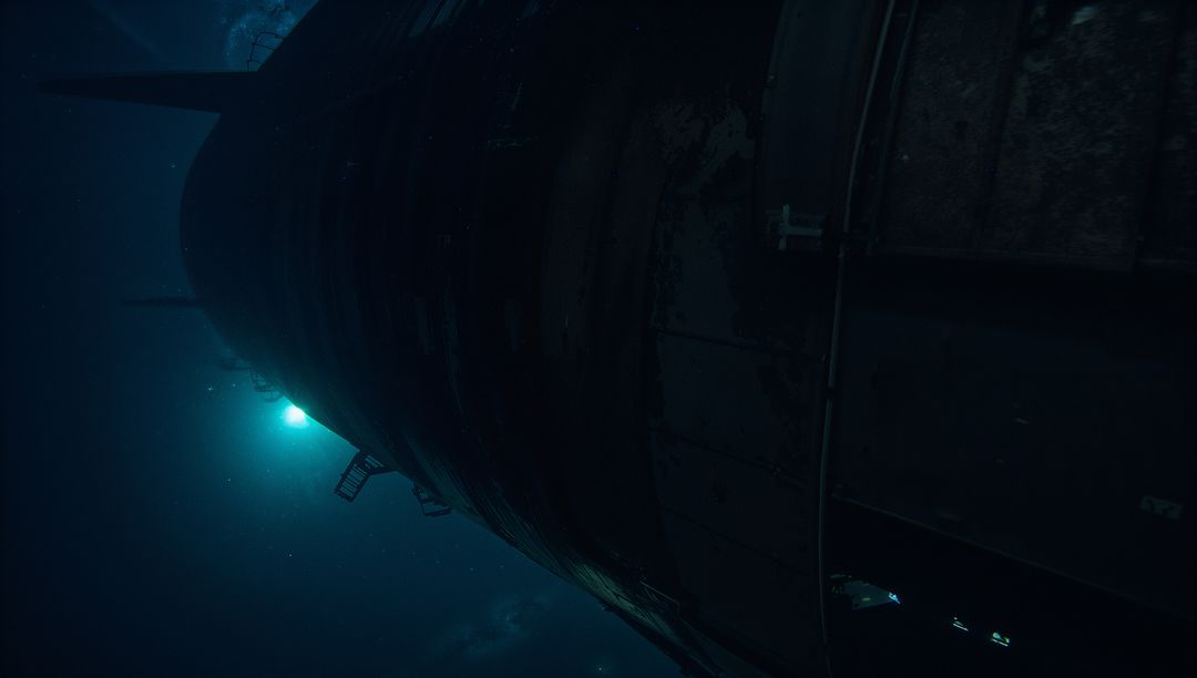 Backlit corroded ship hull revealing rivets and ladder in deep teal underwater gloom