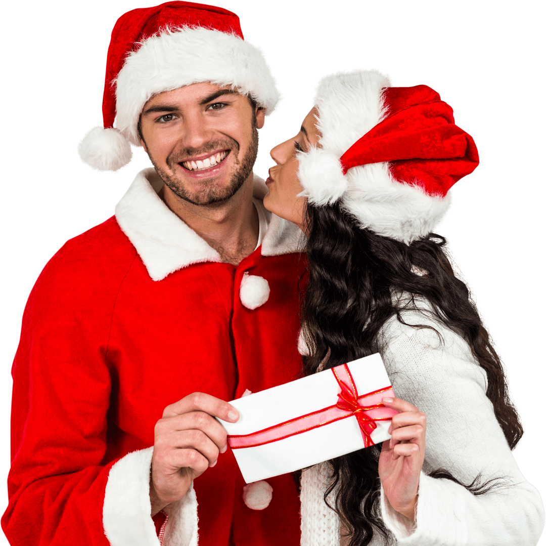 Festive Couple in Santa Hats Exchanging Gift with Joyful Expressions
