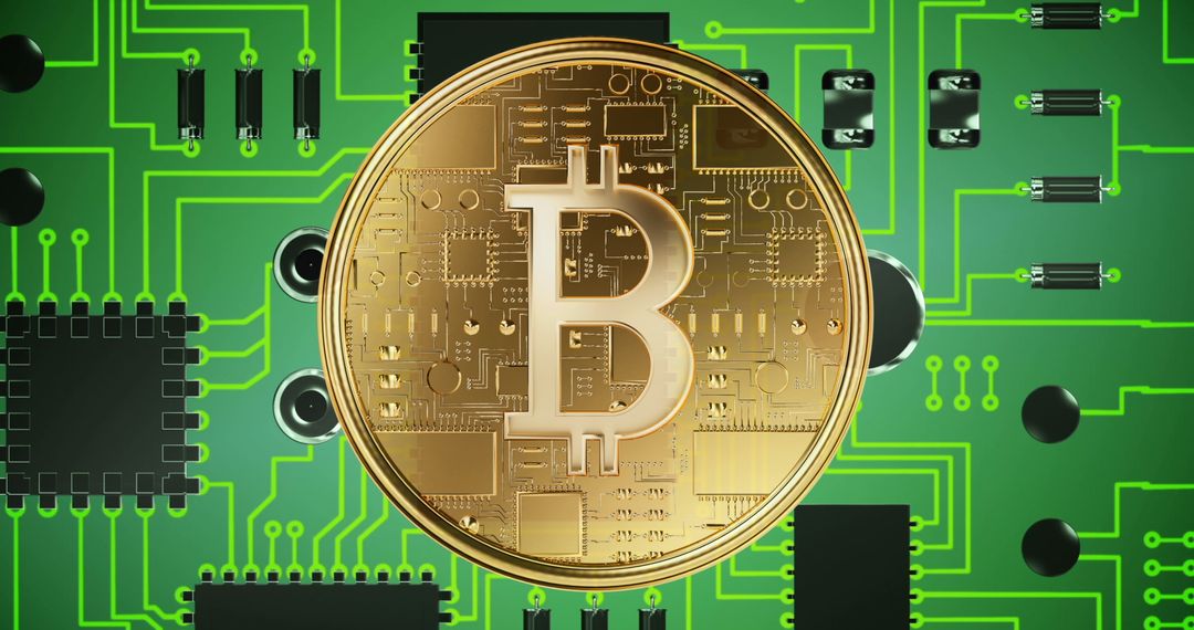 Bitcoin on Microchip Background Illustrates Cryptocurrency Mining