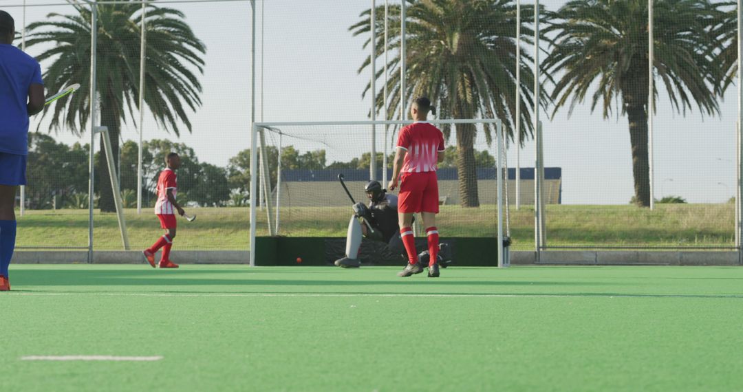 Players Competing in Field Hockey Match on Sunny Day - Free Images, Stock Photos and Pictures on Pikwizard.com