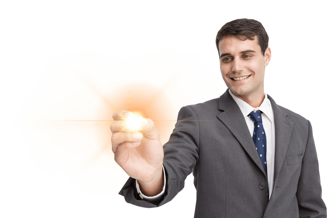 Happy Businessman Pointing Engages with Virtual Interface