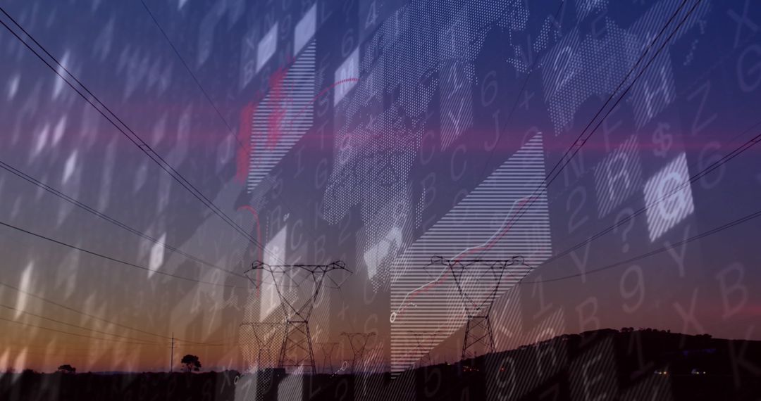Electricity Towers at Sunset with Digital Data Overlay