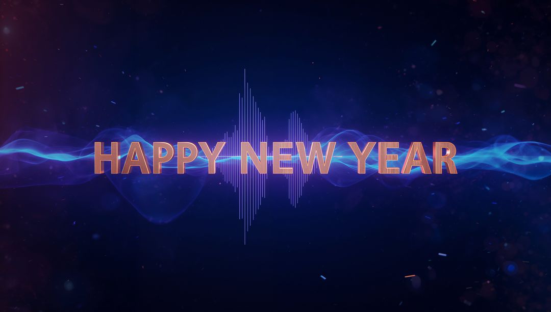 Copper 3D Happy New Year Text with Neon Waveform and Futuristic Particle Celebration Glow