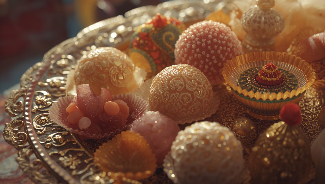 Elegant Golden Tray Adorned with Intricately Crafted Beaded Confections