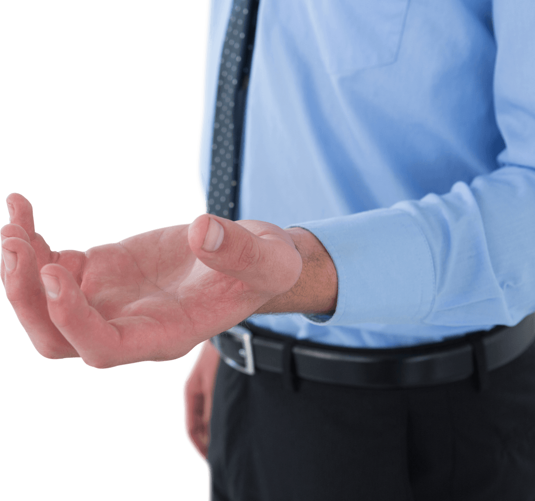 Businessman Displaying Transparent Product with Open Hand