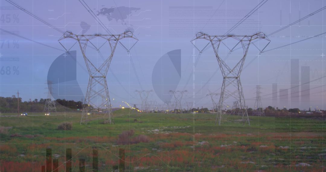 Financial Data Overlaid on Power Lines Reflecting Global Energy Trends