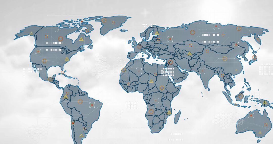 World Map with Digital Icons Representing Global Technology and Data