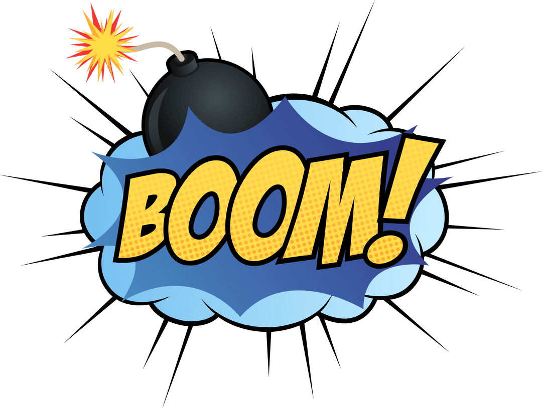Dynamic Comic Boom Explosion with Bomb on Transparent Background