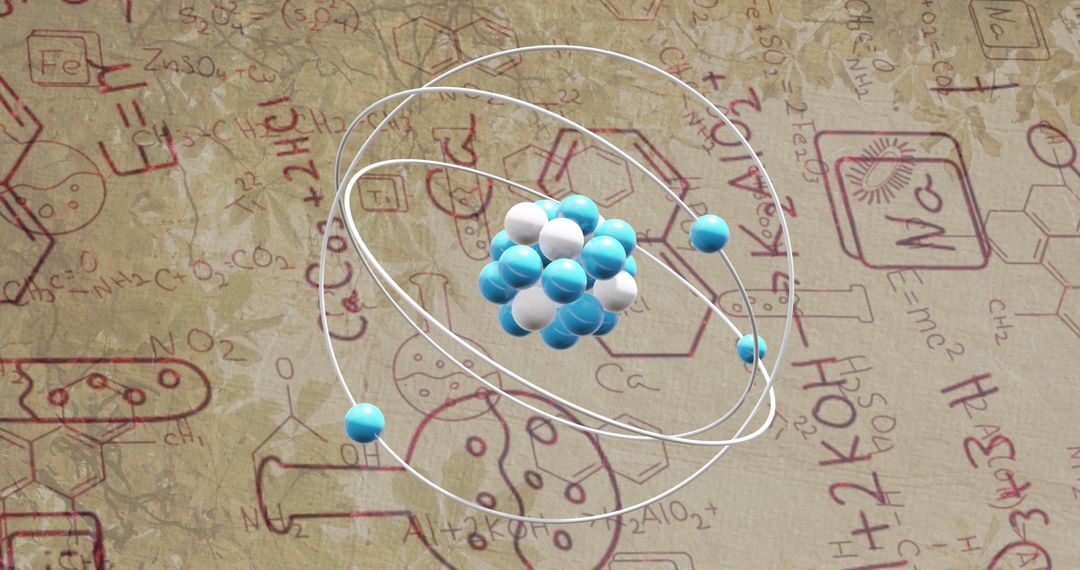 3D Atom Model Overlaying Chemistry Formulas on Beige Background