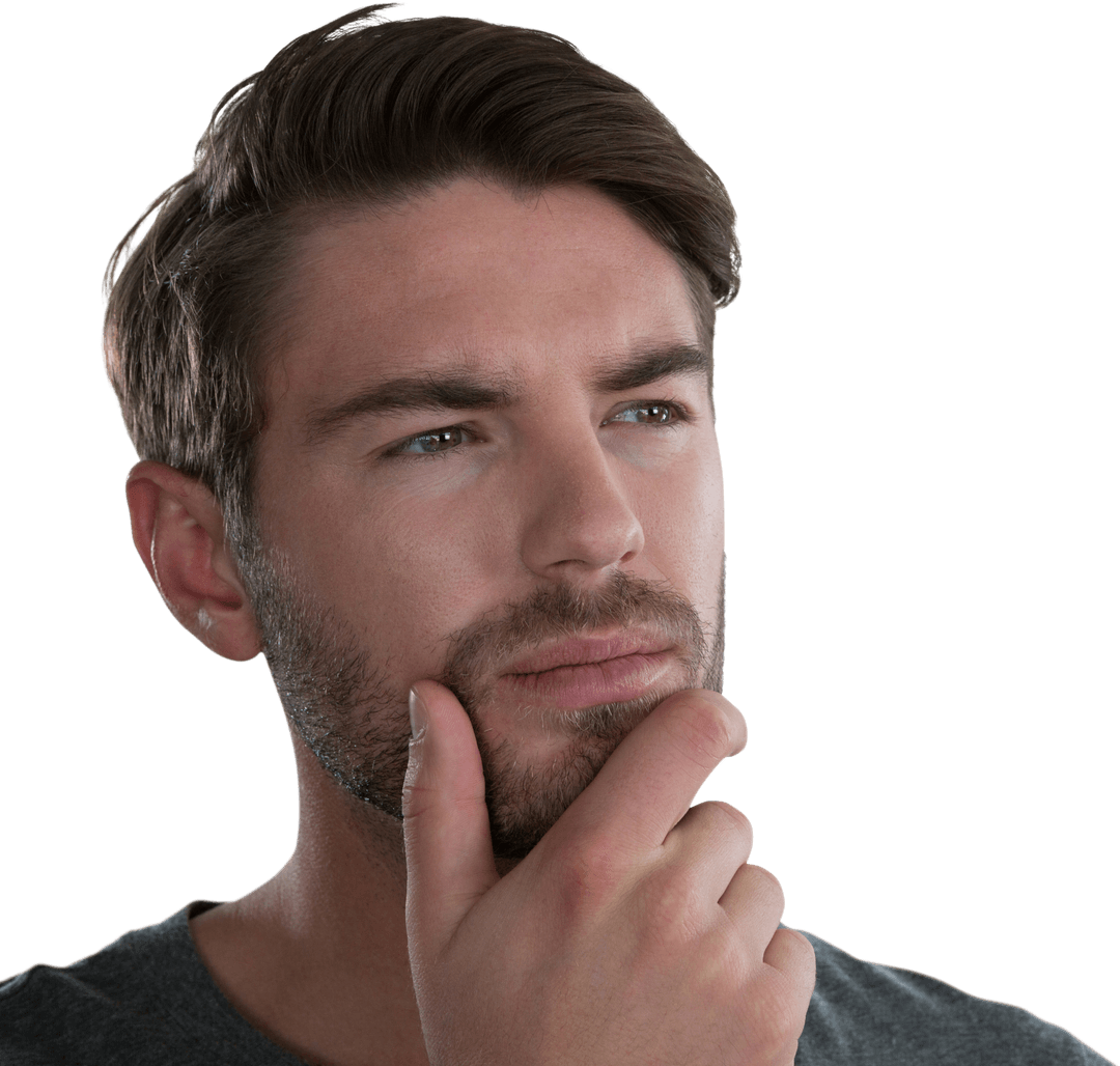 Thoughtful Man Transparent Background with Hand on Chin