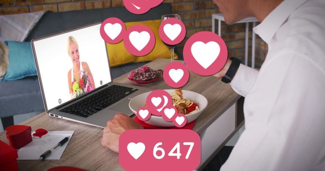 Couple Engaging in Virtual Date with Digital Hearts Flourishing