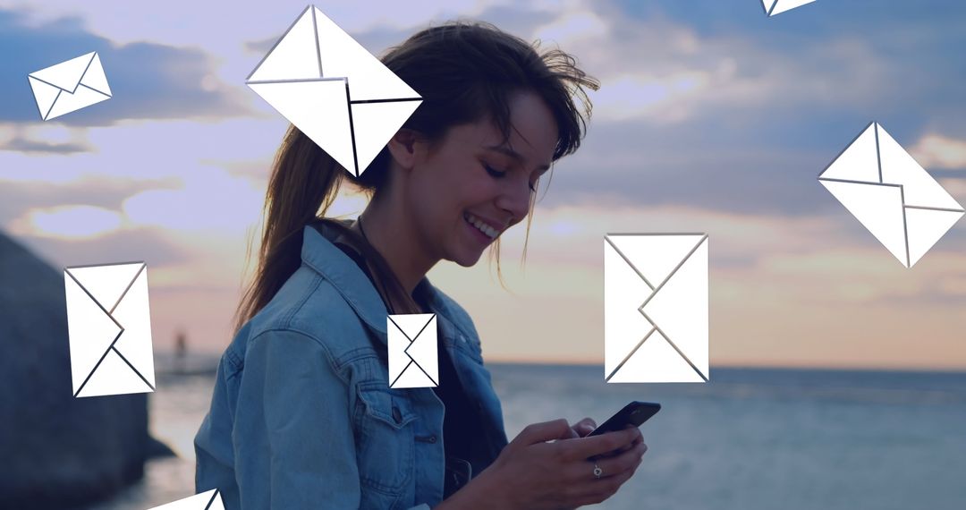 Young Woman Texting Surrounded by Flying Message Icons at Beach