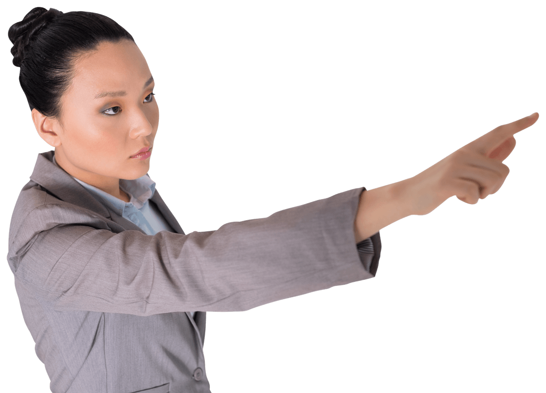 Focused Asian Businesswoman Pointing on Transparent Ideal for Business Graphics