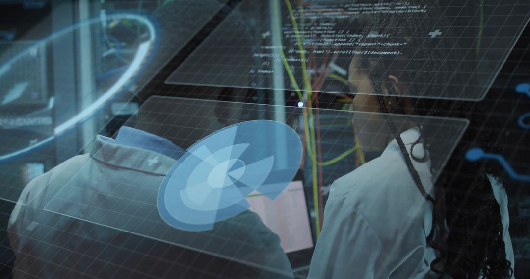 Technicians Interacting with Holographic Interface in Data Center