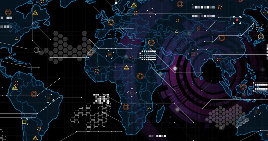 Digital World Map Interface with Futuristic Data Visualization