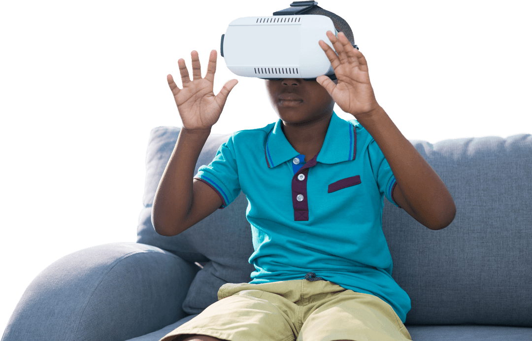 Boy Interacting with Virtual Reality Simulator in Transparent Background
