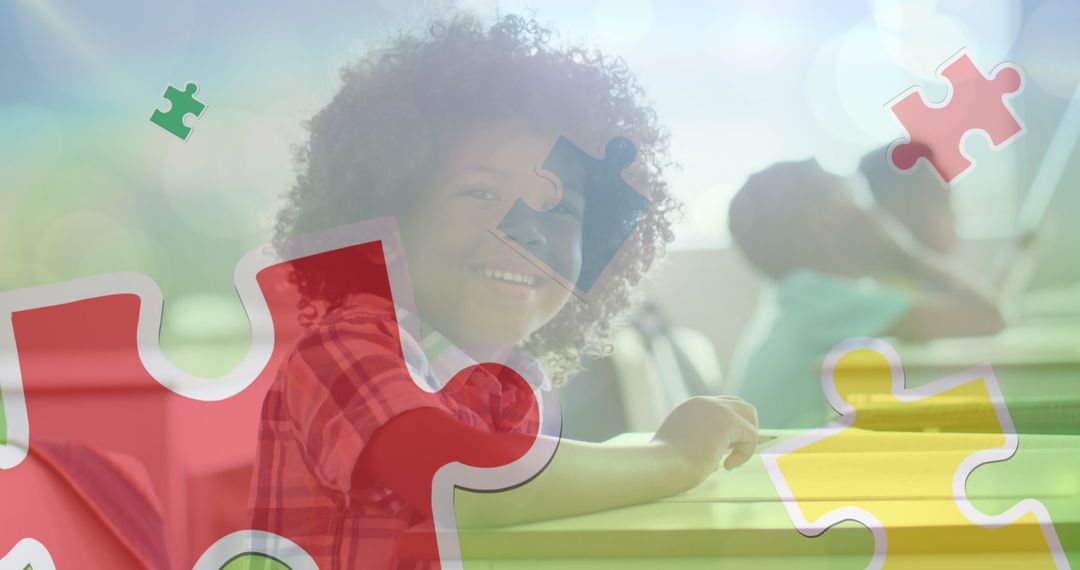 Smiling Diverse Schoolchildren With Educational Puzzle Overlay