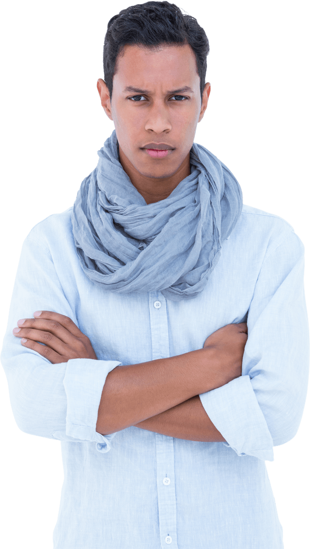 Serious Young Man with Arms Crossed and Gray Scarf Transparent Background