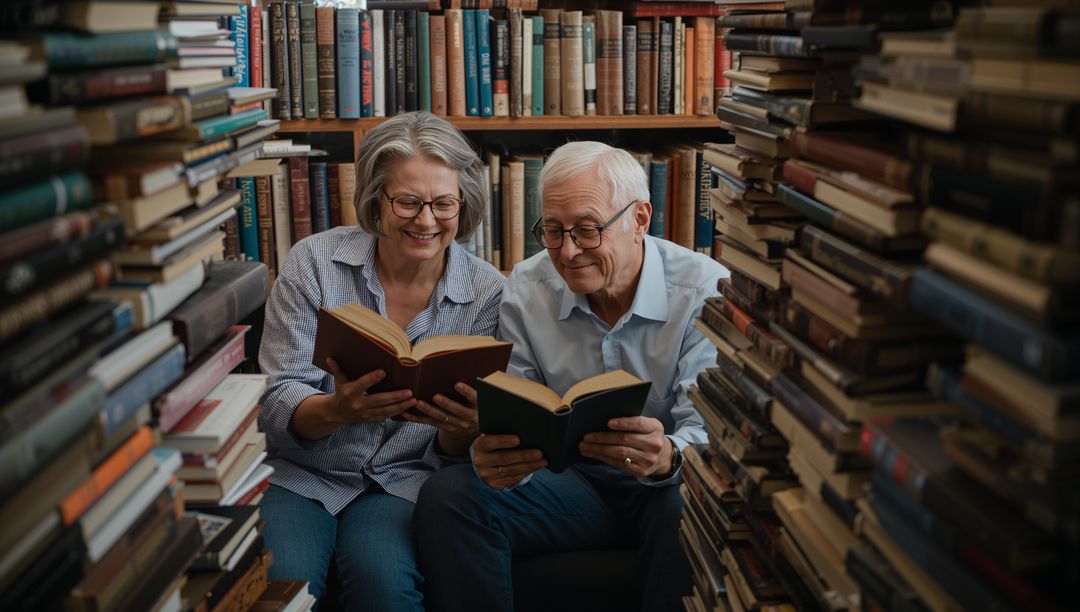 Senior Couple Reading Together in Cozy Library Nook Surrounded by Stacks of Books, Smiling