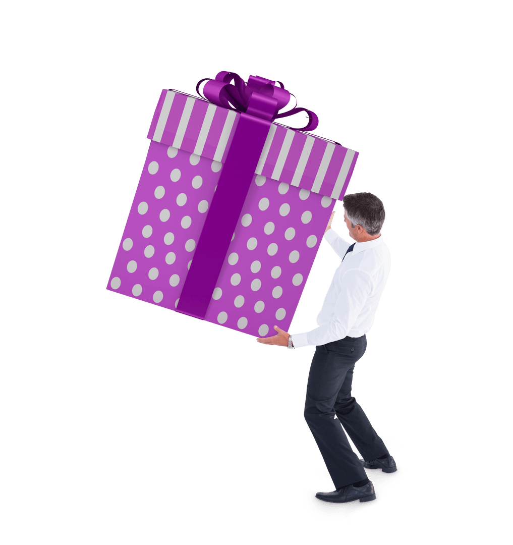Stylish Man Lifting Colorful Giant Gift on Transparent Background